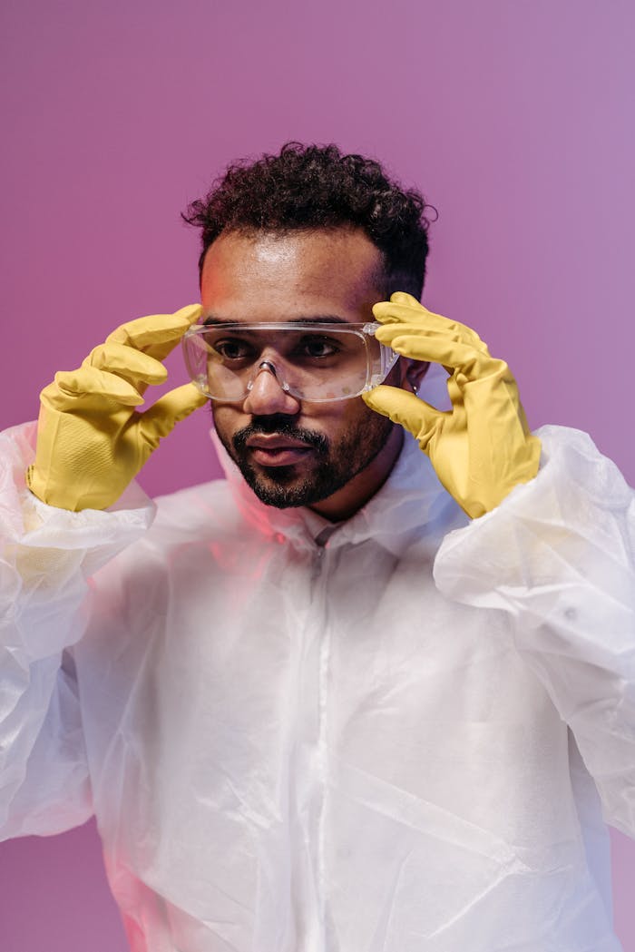 Scientist wearing safety goggles and gloves in a lab setting, focusing on research.