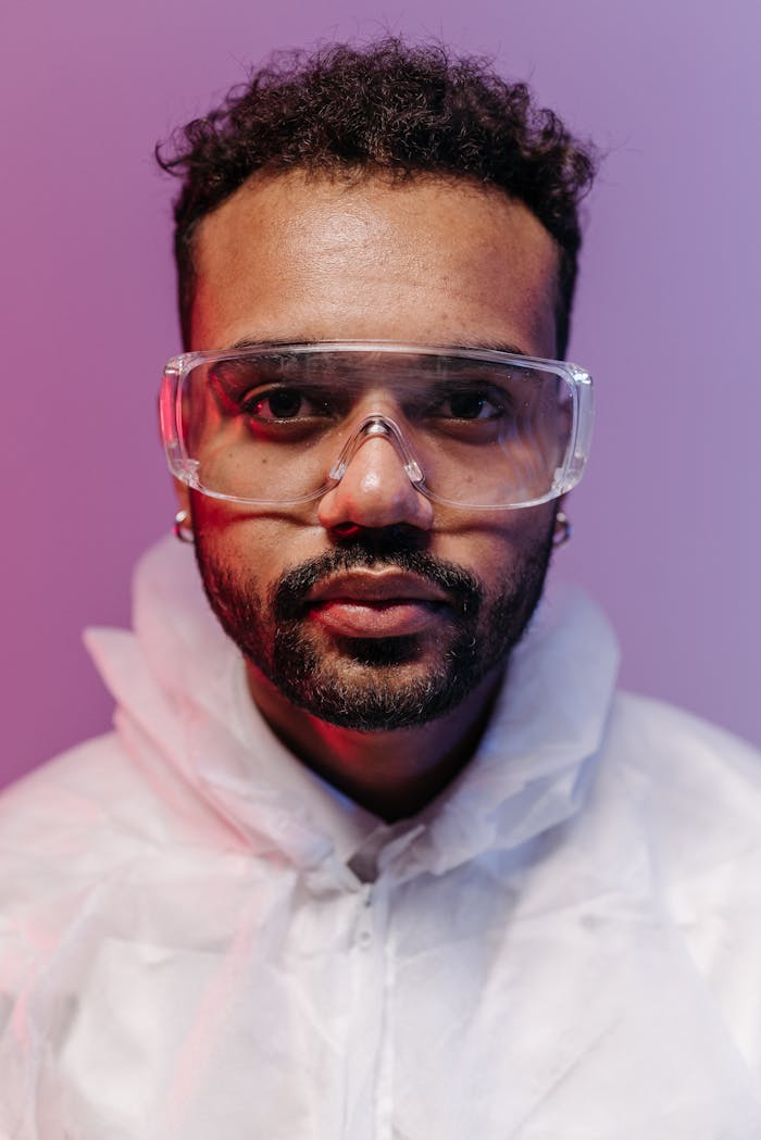 Close-up of a scientist wearing protective goggles and lab coat with a colored background.